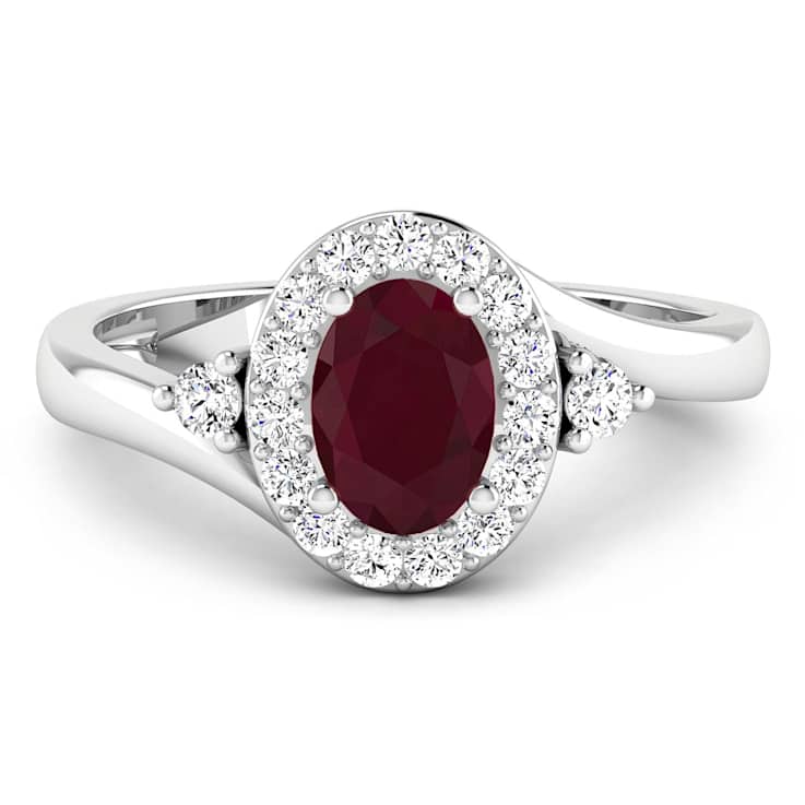 Oval Red Ruby and Diamond 14K White Gold Halo Ring 1.12 ctw