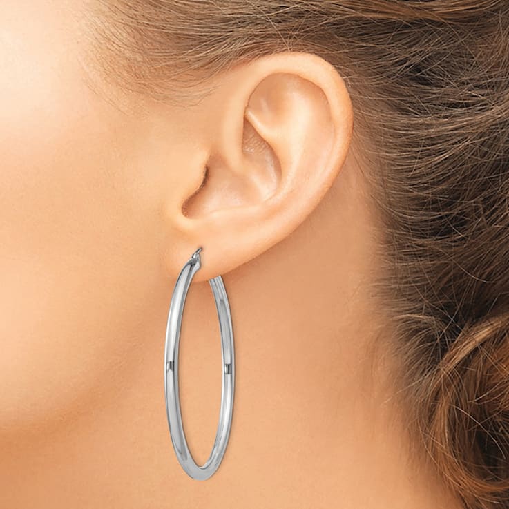 Rhodium Over Sterling Silver 3mm Round Hoop Earrings