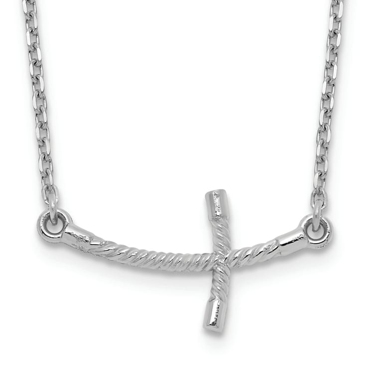 Rhodium Over 14K White Gold Small Sideways Curved Twist Cross Necklace