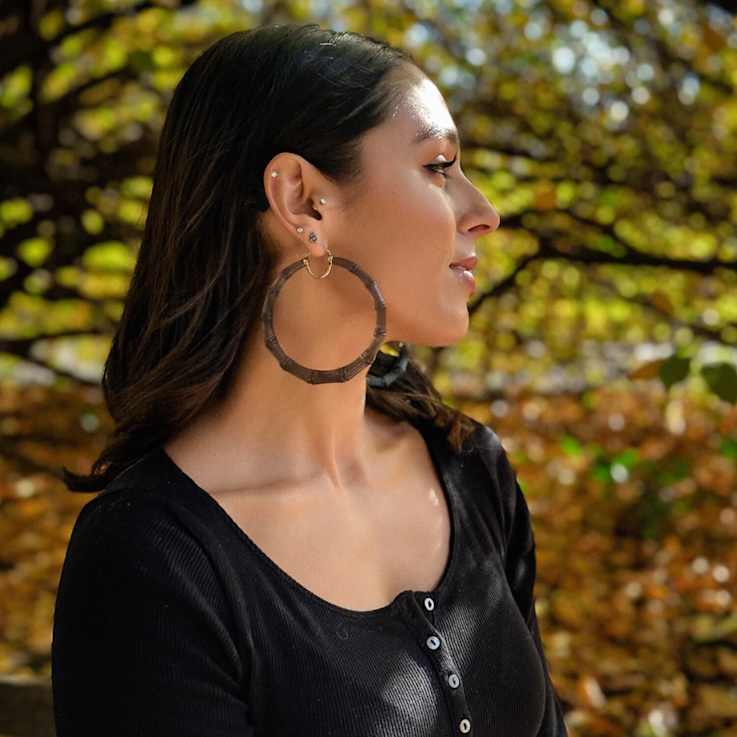 14K Yellow Gold Over Sterling Silver XL Bamboo Acrylic Hoops in Blackberry