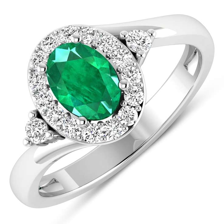 Oval Green Emerald and Diamond 14K White Gold Halo Ring 0.83 ctw