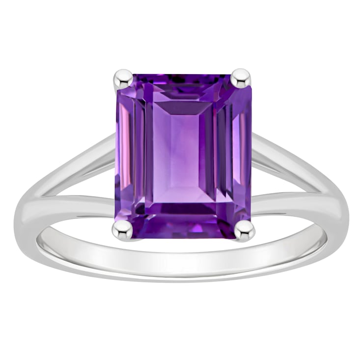 10x8mm Emerald Cut Amethyst Rhodium Over Sterling Silver Ring