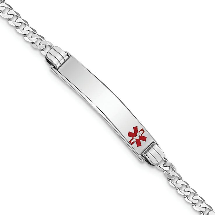 Rhodium Over 14k White Gold Medical Red Enamel Flat Curb Link ID Bracelet