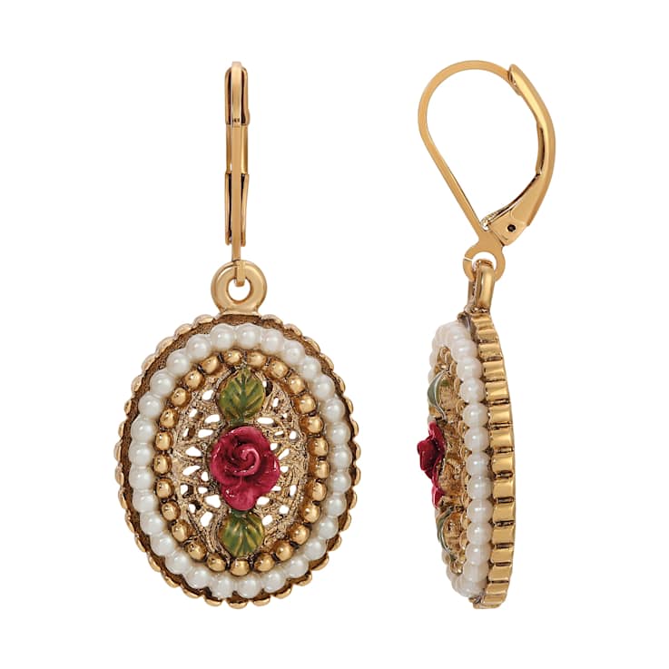 Gold Tone Faux Pearl Red Flower Oval Leverback Earrings