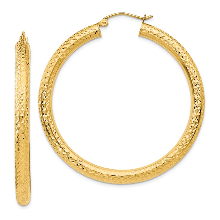 14k Yellow Gold 1 3/4" Diamond-cut Round Hoop Earrings