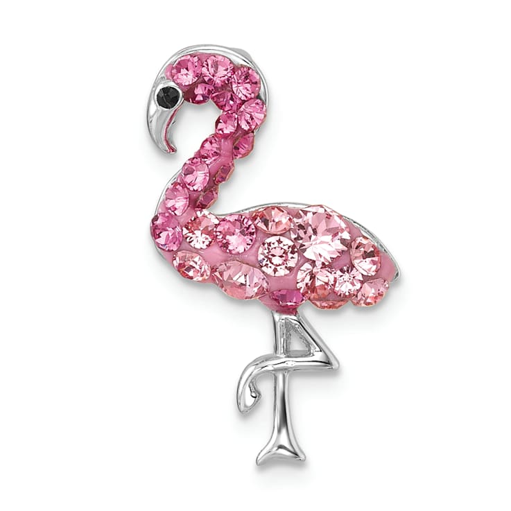 Rhodium Over Sterling Silver Polished Pink Crystal Flamingo Chain Slide