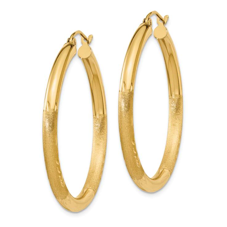 14k Yellow Gold 1 3/8" Satin and Diamond-Cut Round Hoop Earrings