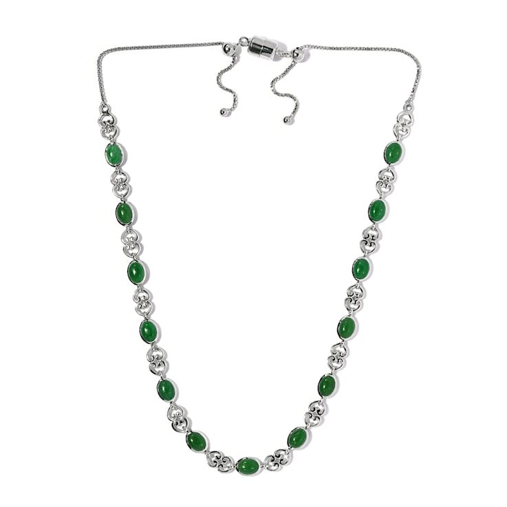 Sterling Silver Oval Green Jadeite and White Zircon Necklace 13.38ctw
