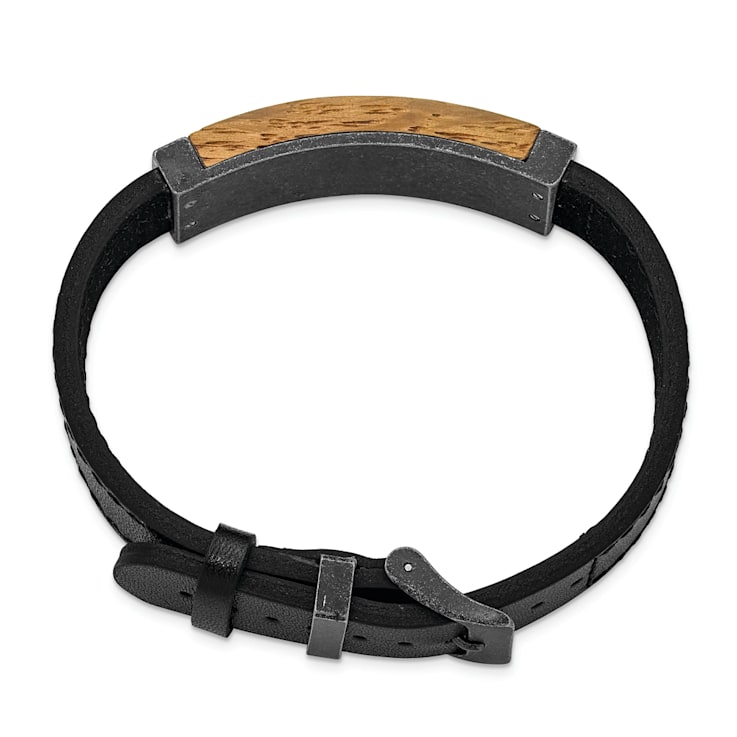 Black Leather and Stainless Steel Black IP-plated Bourbon Barrel Wood Bracelet