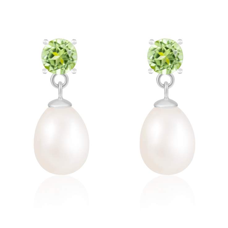 White Freshwater Pearl And Peridot Dangle Earrings In Sterling Silver