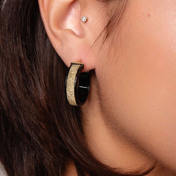 14K Yellow Gold Over Sterling Silver Wide Gold Color Glitter Black
Acrylic Hoops