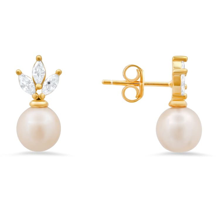 7mm Cultured Freshwater Pearl And White Cubic Zirconia 14k Yellow Gold
Over Silver Earrings 0.55ctw