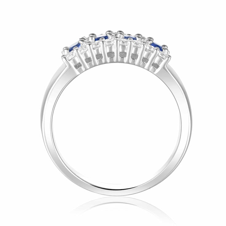 Oval Blue Sapphire and Round Moissanite Sterling Silver Wide Band Ring