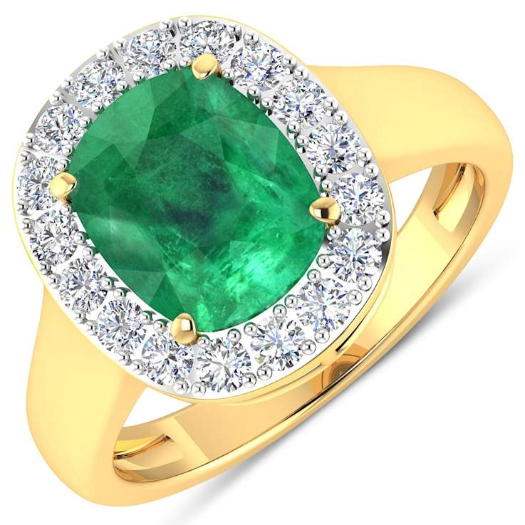 3.01ctw Green Emerald and Diamond 14K Yellow Gold Halo Ring