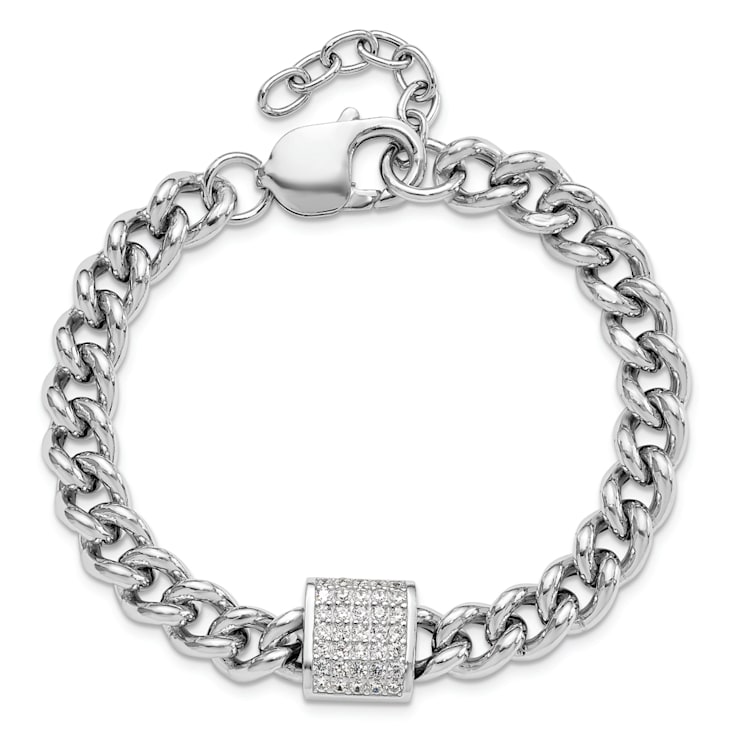 Rhodium Over Sterling Silver Cubic Zirconia Curb Link 7 Inch with 1-inch
Extension Bracelet