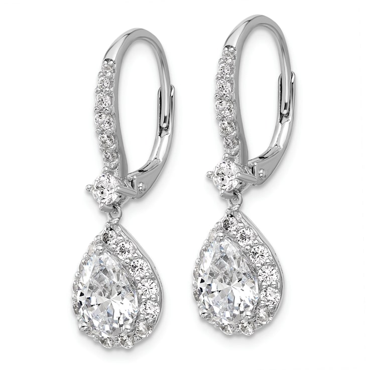 Rhodium Over Sterling Silver Pear Cubic Zirconia Halo Dangle Leverback Earrings