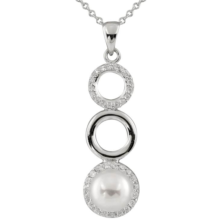 7-8mm Button White Cultured Freshwater Pearl and CZ Rhodium Over
Sterling Silver Pendant