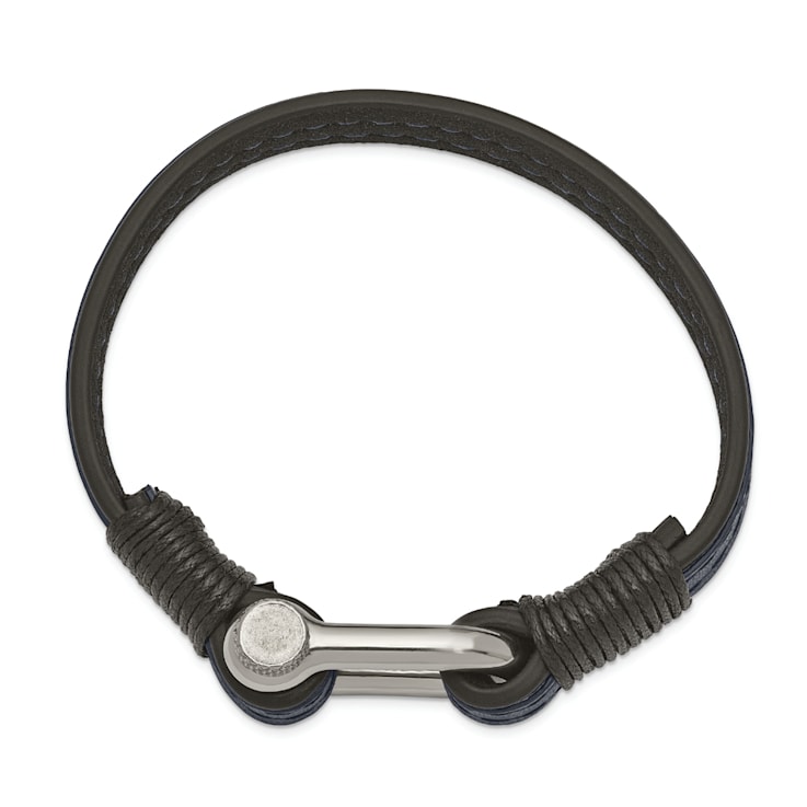Black and Blue Leather Stainless Steel Polished 8.25-inch Shackle Bracelet