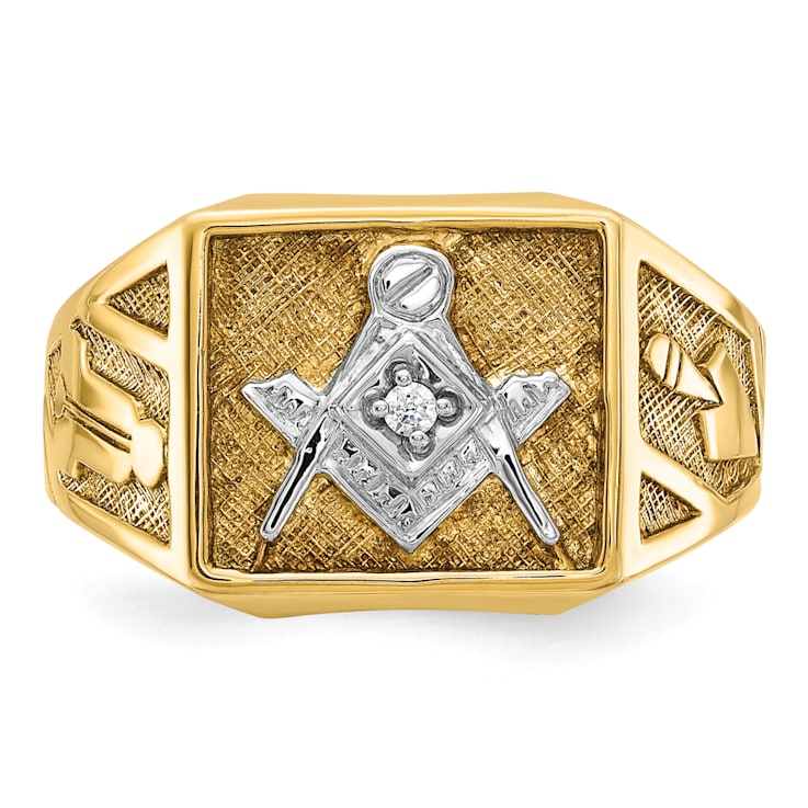 10K Two-tone Yellow and White Gold Textured Diamond Blue Lodge Masonic Ring
