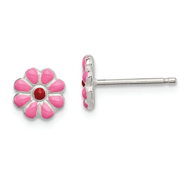 Sterling Silver Pink/Red Enamel Flower Children's Post Earrings