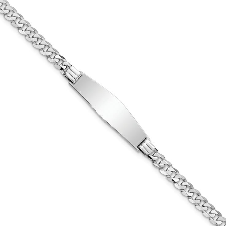 Rhodium Over 14k White Gold Soft Diamond Shape Flat Curb Link ID Bracelet