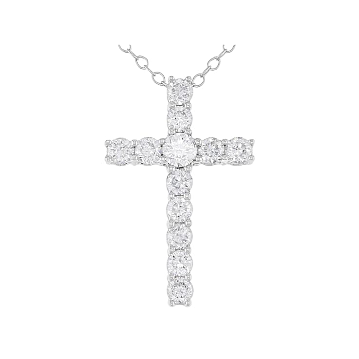 White Lab-Grown 14k White Gold Cross Pendant With Chain 1.00ctw