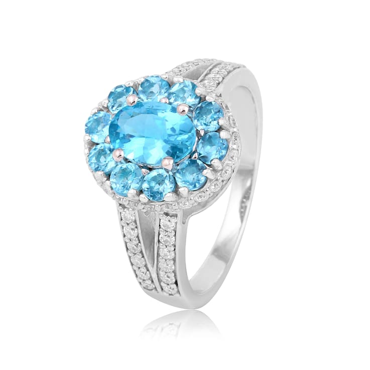 Paraiba Blue Apatite with Moissanite Accents Rhodium Over Sterling
Silver Halo Ring Blue Jewelry