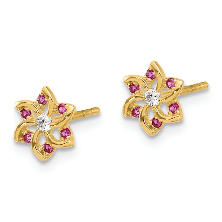 14k Yellow Gold Polished Red and White Cubic Zirconia 6.5mm Flower Stud Earrings