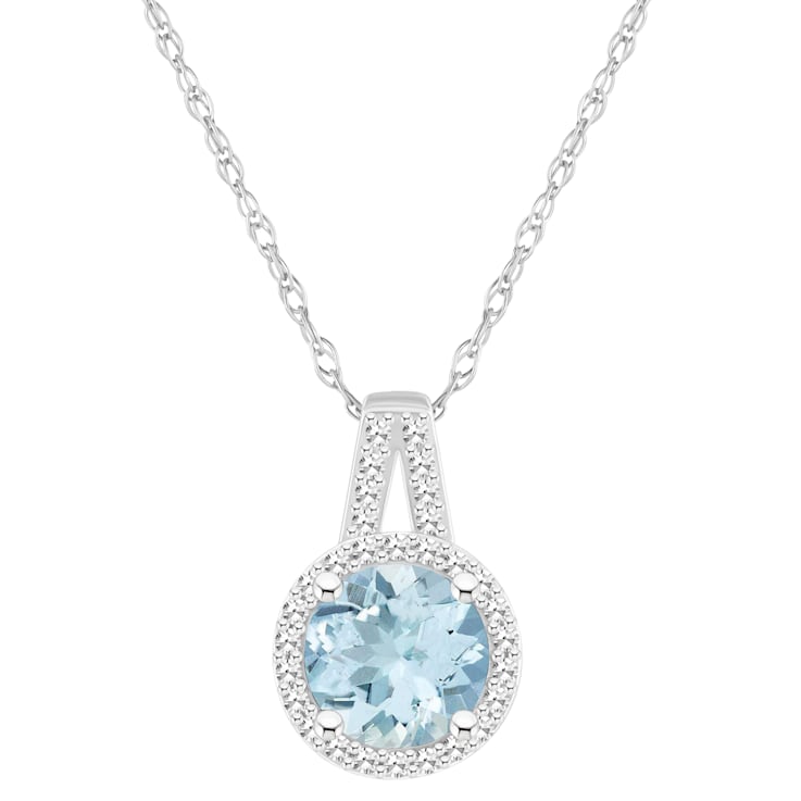 7mm Round Aquamarine 1/7 ctw Diamond Rhodium Over Sterling Silver Halo
Pendant with Chain