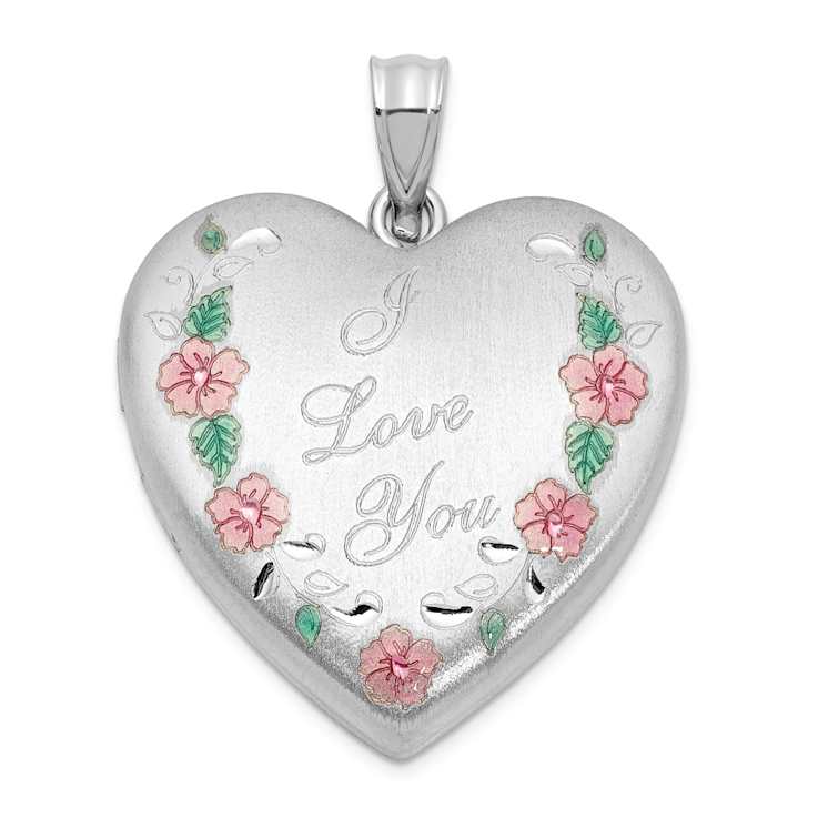Rhodium Over Sterling Silver Satin Epoxy I Love You Floral 24mm Heart
Locket Pendant