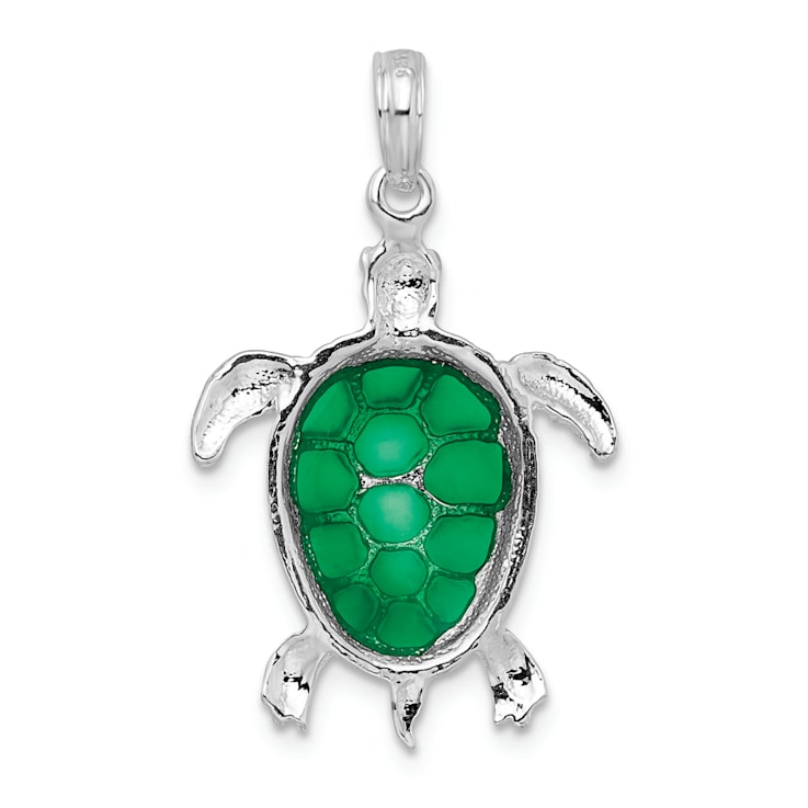 Rhodium Over Sterling Silver Polished Enameled Green Sea Turtle Pendant