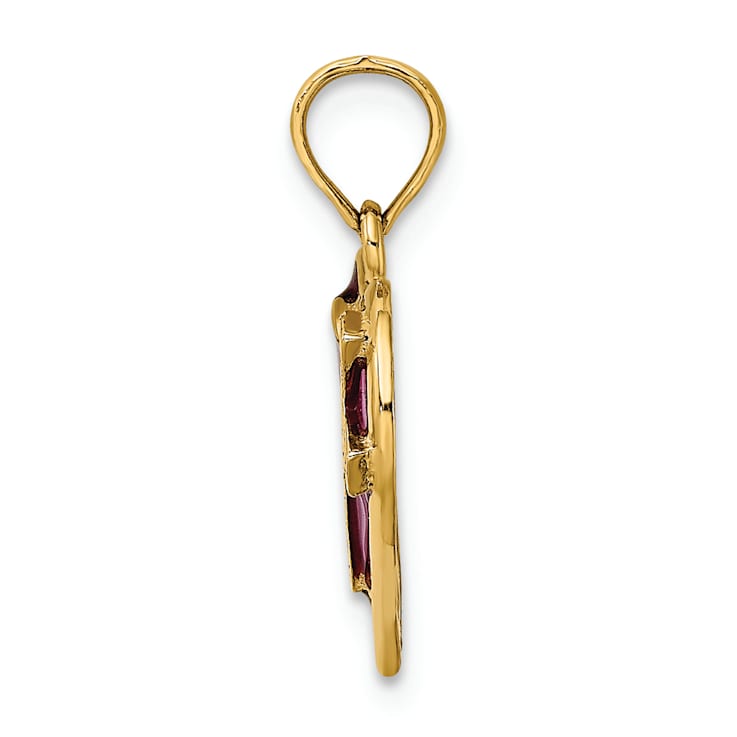 14K Yellow Gold with Purple Enamel Cross Heart Charm Pendant