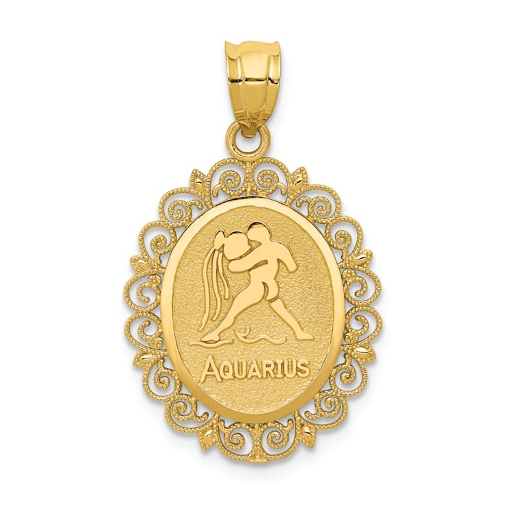 14k Yellow Gold Solid Satin, Polished and Textured Aquarius Zodiac Oval Pendant