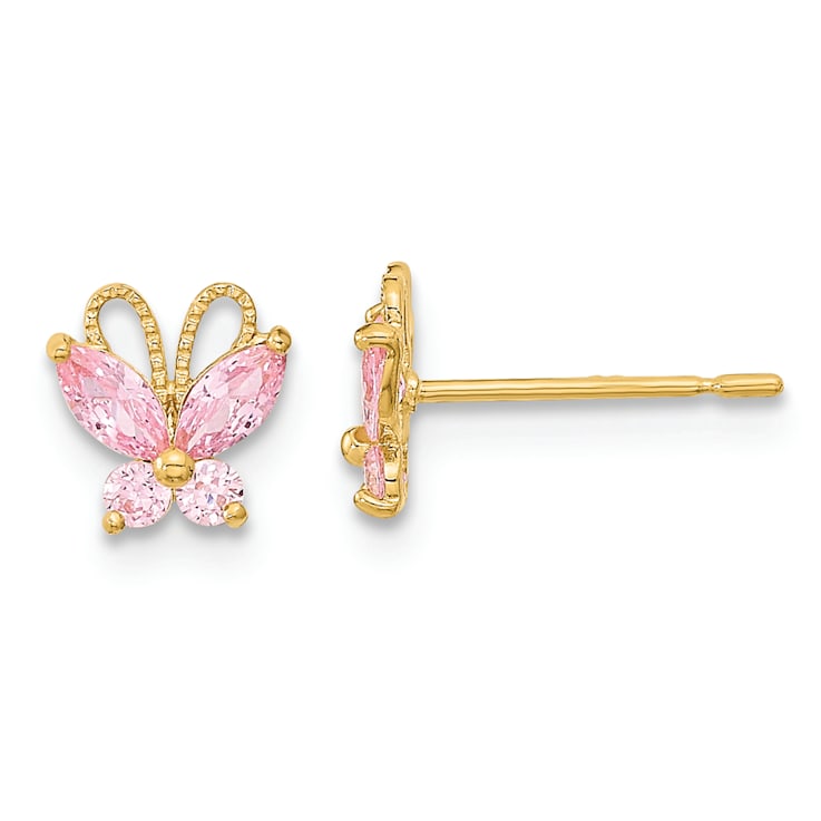 14K Yellow Gold Kids Pink Cubic Zirconia Butterfly Post Earrings