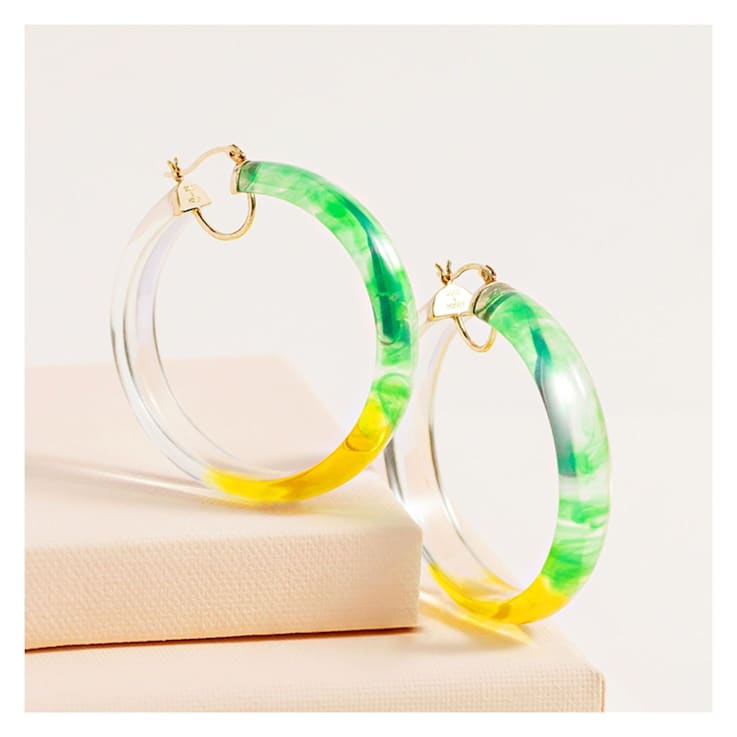 14K Yellow Gold Over Sterling Silver Green and Yellow Tie Dye Acrylic Hoops
