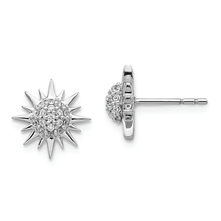 Rhodium Over 14k White Gold 11mm Diamond Fancy Sun and Star Stud Earrings