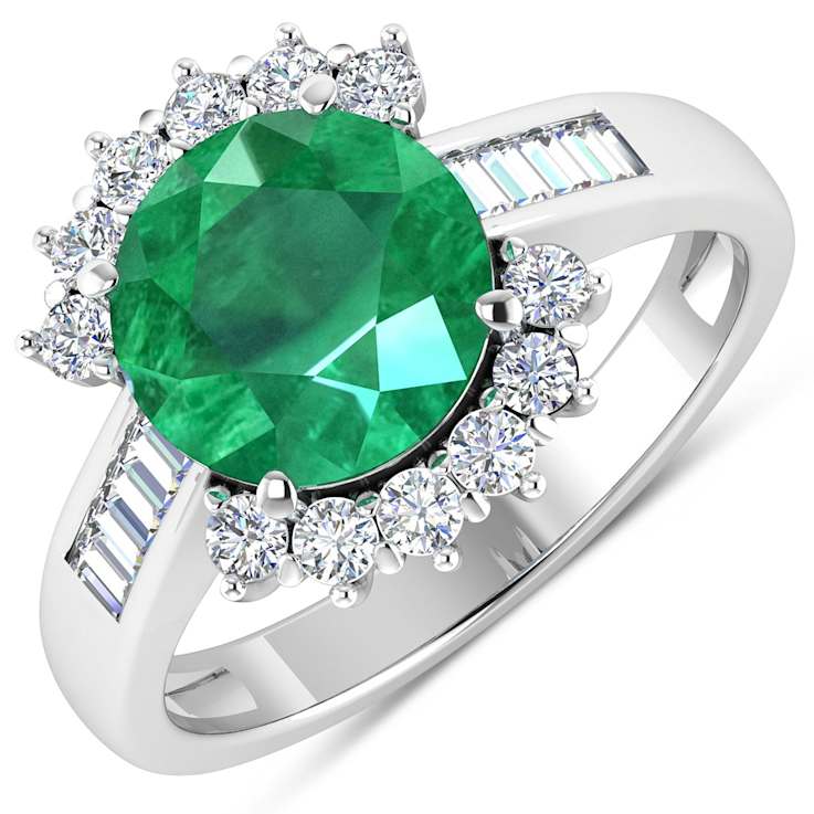 3.33ctw Green Emerald and Diamond 14K White Gold Halo Ring