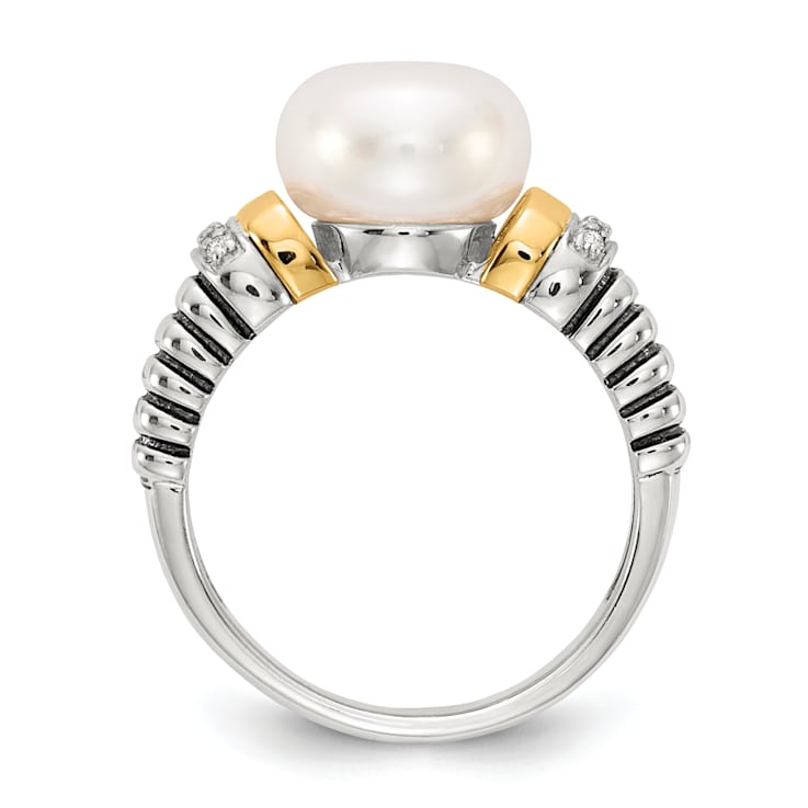 Sterling Silver Antiqued with 14K Accent Diamond and Freshwater Cultured
Pearl Ring