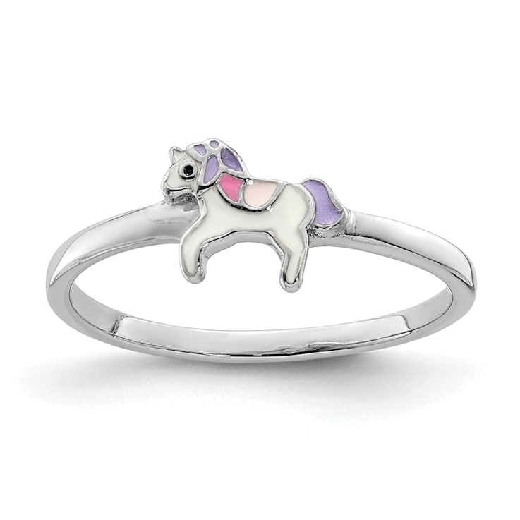 Rhodium Over Sterling Silver Multi-color Enameled Unicorn Children's Ring