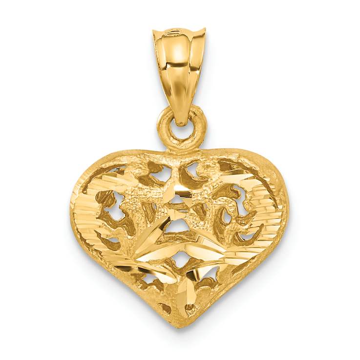 14k Yellow Gold Polished and Brushed 3D Filigree Puffed Heart Pendant