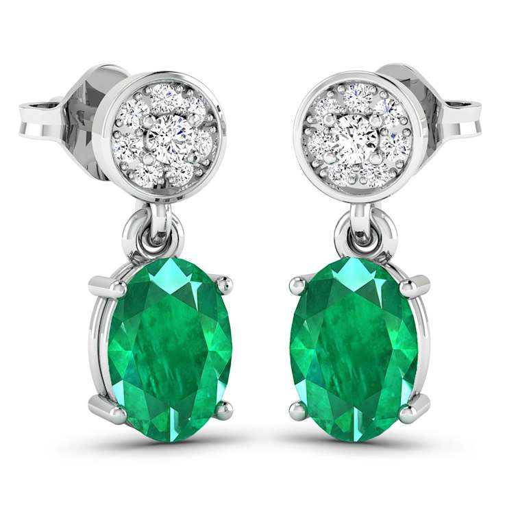 1.12ctw 14K White Gold  Zambian Green Emerald and White Diamond Halo Earrings