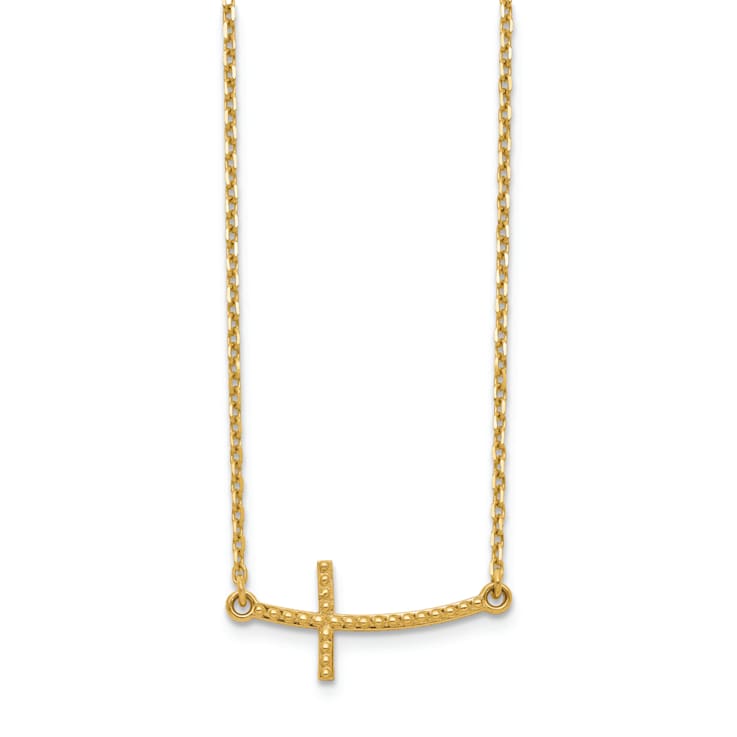 14K Yellow Gold Sideways Curved Textured Cross Necklace