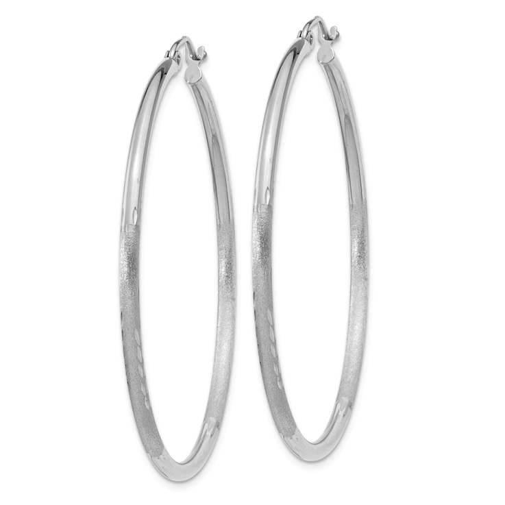 Rhodium Over 14k White Gold 1 3/4" Satin and Diamond-Cut Round Hoop Earrings
