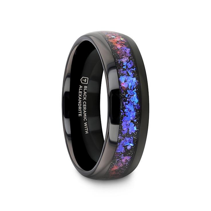 COSMIC Black Tungsten Ring with Crushed Alexandrite and Dark Blue and
Purple Crushed Goldstone 8mm