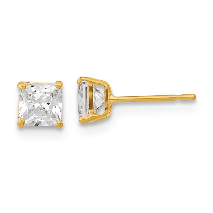 14K Yellow Gold 4mm Square Cubic Zirconia Basket Set Stud Earrings