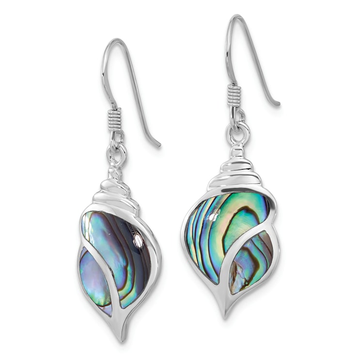 Rhodium Over Sterling Silver Polished Abalone Dangle Shell Earrings