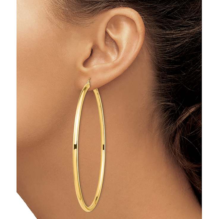 14k Yellow Gold 3 3/16" Polished Tube Hoop Earrings
