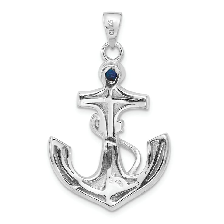 Rhodium Over Sterling Silver Blue Lab Created Opal Anchor Pendant