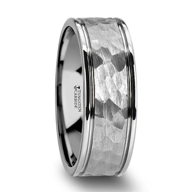THORNTON Hammered Finish White Tungsten Carbide Wedding Band with Offset
Grooves/Polished Edges 8mm