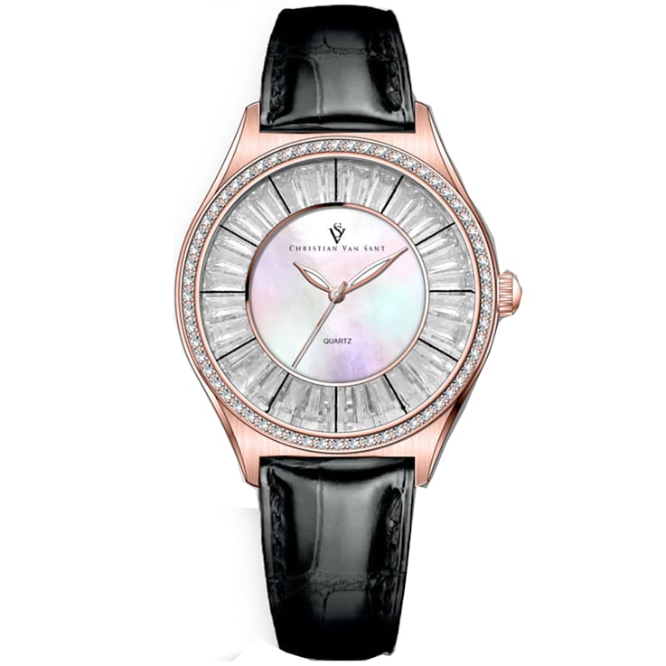 Christian Van Sant Women's Luna White Dial, Black Leather Strap Watch